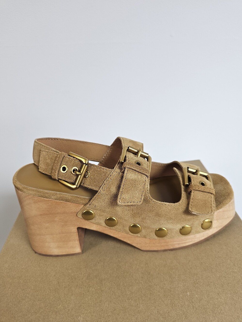 Charlotte Stone Lino Bamboo Color Clog Studded Chunky Suede Heel